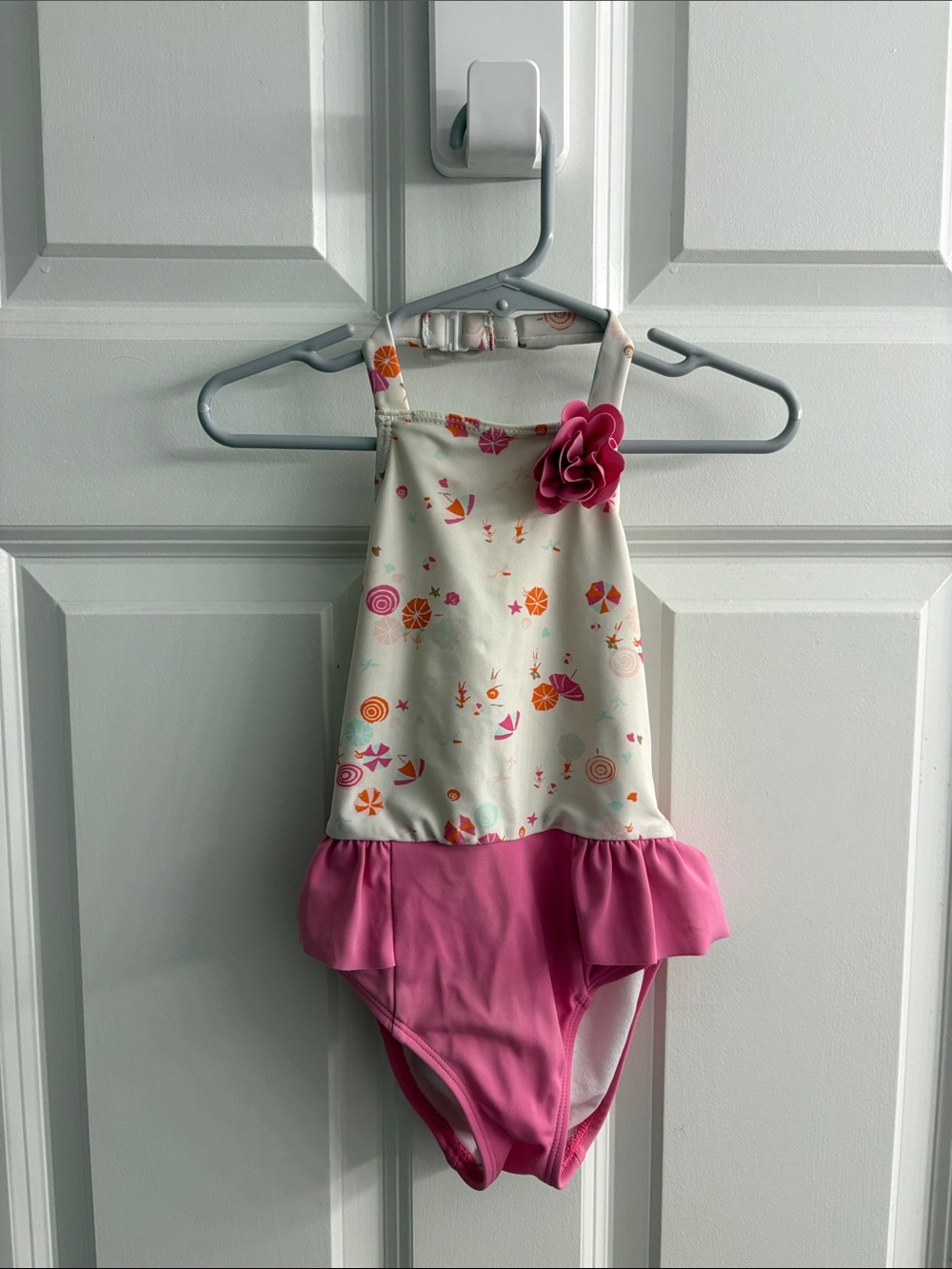 Janie and Jack Cream Floral One-Piece with Pink Ruffle